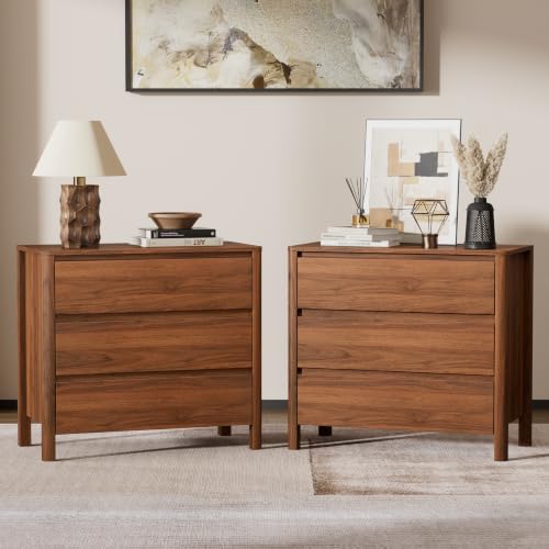 Image of Furniway Nightstands Set of 2, 31.5 inch Wide 3 Drawer Nightstand with Wood Legs, Mid-Century Modern Bedside Table with Storage, Wooden End Table for Bedroom, Walnut