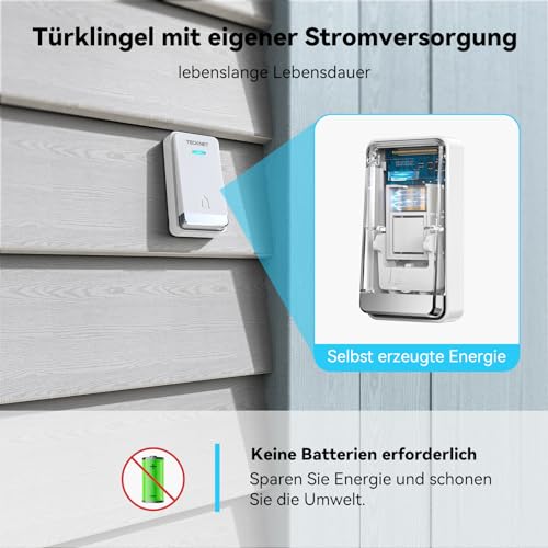 TECKNET Kabellose Türklingel Batterielose, Steckdosen-Funkklingel Wasserdicht Drahtloses Türklingel Funk Türklingel mit EU-Steckdose, LED Anzeige, 5 Lautstärkestufen, 32 Klingeltönen, 400m – Bild 4
