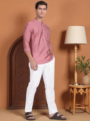 Image of KRYPTIC Men's Full Sleeve Regular Fit Short Kurta in Premium Pure Cotton with Patch Pocket and Mandarin Collar - Perfect Blend of Style and Comfort