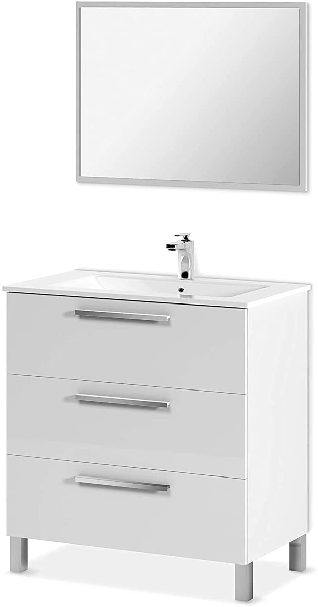 Mueble de Baño o Aseo con Patas, 3 Cajones y Espejo, Acabado en Blanco Brillo - Dim: 80 cm (Ancho) x 86 cm (Alto) x 45 cm (Fondo)
