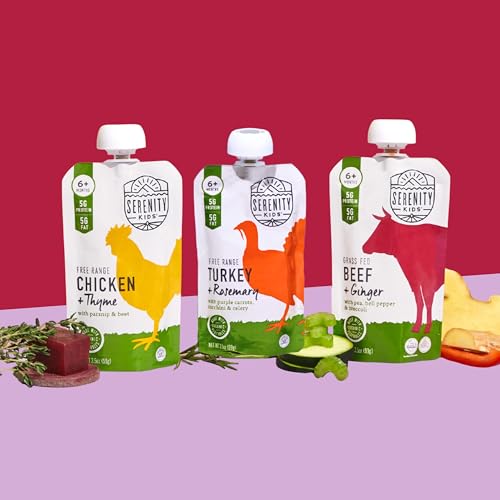 Image of Serenity Kids Baby Food Pouches, Beef & Ginger, Baby Puree, 3.5 Oz, 6 Pack | 5g Protein, No Added Sugar, Grass Fed Beef, Recyclable Baby Pouches, GMO-Free Toddler Food, Organic Baby Food, Toddler Snacks