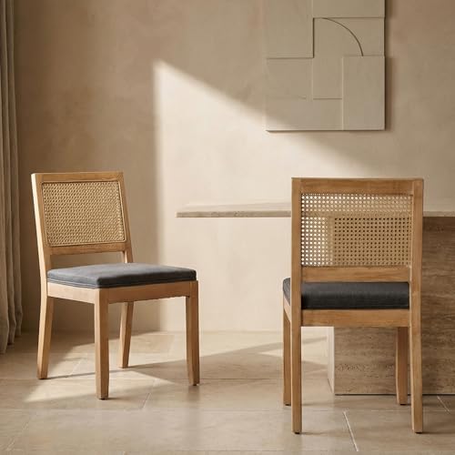 EVERLUNE Mid Century Modern Dining Chairs Set of 2, Rattan Dinning Chair with a Square Back, Gray Cane Dining Chair, Linen Upholstered Kitchen and Dining Room Chairs, Sillas para Comedor