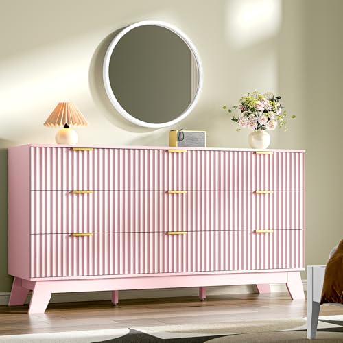 Image of Fluted Dresser for Bedroom with 9 Drawers, 57 inch Pink Dressers & Chest of Drawers for Girls, Mid Century Modern Dresser of Closet TV Stand, Boho Wood Chests of Drawer for Living Room, Hallway, Pink