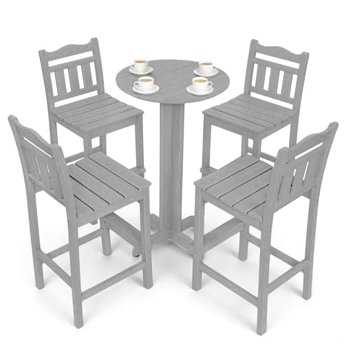 Image of 5-Piece Outdoor Bar Set, HDPE Adirondack Bar Height Chairs Set of 4 and Round Pub Table, All Weather Outdoor Patio Bar Furniture for Bistro, Deck, Balcony, Poolside (Slate Grey)