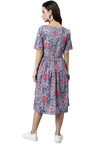 Image of Janasya Women's Cotton Floral Print Flared Dress