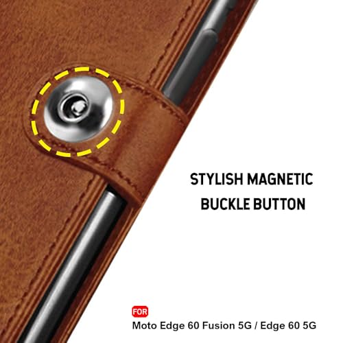 Image of TheGiftKart Flip Cover Back Case for Motorola Moto Edge 60 Fusion 5G / Moto Edge 60 5G | Genuine Leather Finish | Designer Button | Inbuilt Pockets & Stand | Flip Back Cover Case (Faux Leather, Brown)