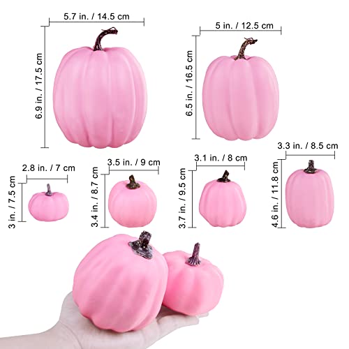 Image of Winlyn 7 Pcs Assorted Sizes Fall Artificial Pink Pumpkins Harvest Faux Foam Pumpkins for Fall Autumn Season Halloween Thanksgiving Harvest Holiday Season Festive Tabletop Decoration