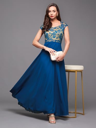 Image of Miss Chase Women's V-Neck Full Sleeve Self Design Lace-Overlaid Georgette Maxi Dress
