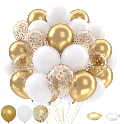 Patimate White and Gold Balloons Set, 50 pcs 12 inch Metallic Gold White Gold Confetti Latex Balloons Kit for Birthday Engagement Wedding Anniversary Party Decorations