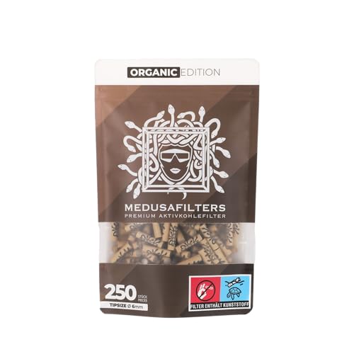Medusafilters 250 Stück 6mm Ø Slim Premium Aktivkohlefilter mit veganen Fasercaps & Kokos Aktivkohle | Filter mit 25mm Länge made in Germany (ORGANIC EDITION)