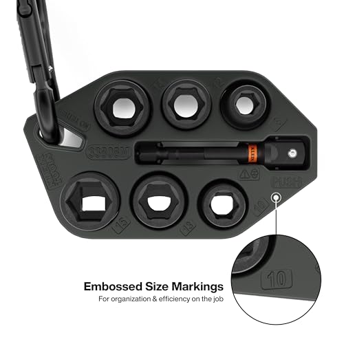 Image of Klein Tools 80206 Grab-And-Go Impact Socket Sets, SAE and Metric, 14-Piece Set with Sleeves, Carabiners, 3 /8-Inch Drive, Color-Coded, 1 /4-Inch to 9 /16-Inch, 8 mm to 15 mm Sockets