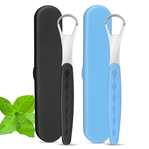 Milifox Raspador Lingual MetáLico para Adultos Y NiñOs,Limpiadores de Lengua de Acero Inoxidable Con Estuche,Portátil de Viaje,Limpieza Profunda,Mantiene el Aliento Fresco,Negro Y Azul Claro