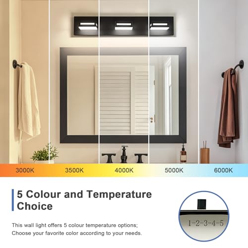 Image of LED Modern Bathroom Light Fixtures, 3-Light 24-Inch Dimmable 5CCT Adjustable Matte Black Vanity Lights for Bathroom Lighting Fixtures Over Mirror, 350 Rotatable Wall Lamp