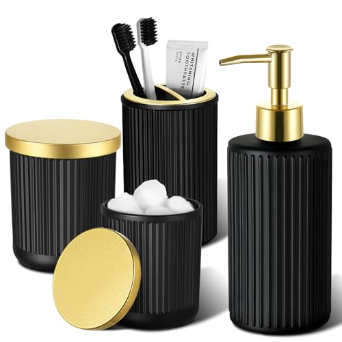 RYTOXILO Matte Black and Gold Bathroom Accessories Set 4 Pack Glass Bath Accessory Sets Complete Ribbed Soap Dispenser and Toothbrush Holder Set with 2 Qtip Holders Modern Gold Bathroom Decor