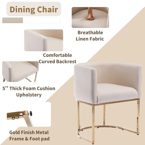 Image of HNY Mid Century Modern Upholstered Barrel Dining Chairs with Arms Set of 8, Linen Kitchen & Dining Room Chairs, 18.5 inch Wide Accent Chairs for Dining Room Living Room with Gold Metal Frame, Cream