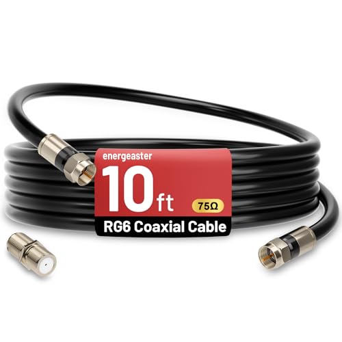 energeaster 10FT RG6 Coaxial Cable with F-Type Connector Coax Cable Cord Extender High Speed Internet Indoor Broadband and Digital TV Aerial for Satellite Antenna DVR VCR HDTV Black