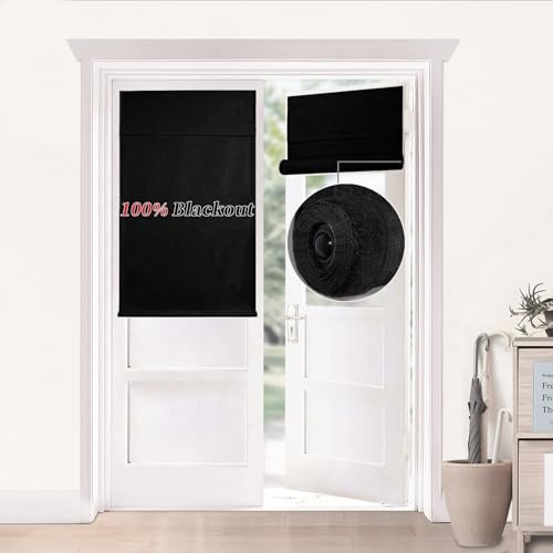 100% Blackout French Door Curtains with UV Blocker - Roll-Up Rod Pocket Shades, Easy Install Magic Tape, Light Blocking & Privacy for Glass Door Windows(Black,24" W x 38" L,Pack of 1)