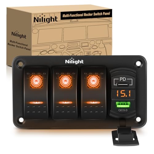 Nilight 3 Gang Rocker Switch Panel with PD Type C and USB Charger Voltmeter