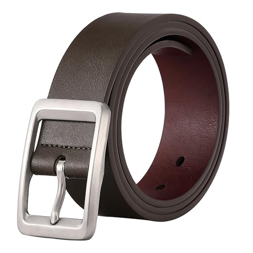 DOSHI Mens Reversible Vegan Leather Belt with Thick Stainless Steel Buckle Casual Dress Belt for Jeans & Chinos Premium Microfiber PETA-Approved Durable Everyday Wear Black & Red
