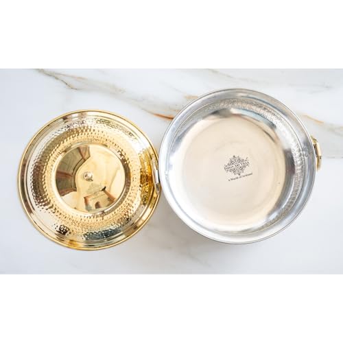 Image of INDIAN ART VILLA Brass Degchi with Hammered Design & Tin Lining, Traditional Cookware for Slow Cooking, Serving Curries, Biryanis, and Festive Meals, 4000 ML