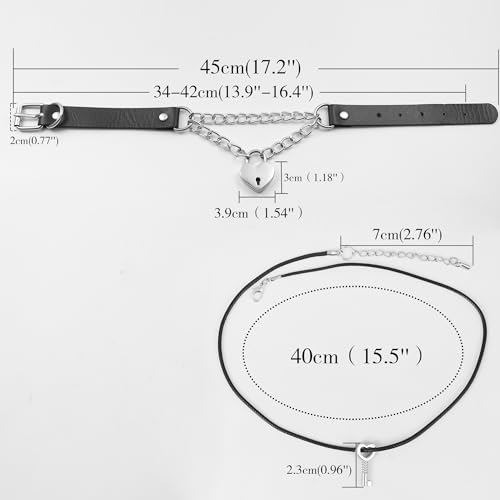 JJDreams Halskette mit Herz Schloss Schlüssel Punk Gothic Rock Leder Halskette Schwarz Einstellbar Kragen Halsband Choker Schwarz Kette für Damen