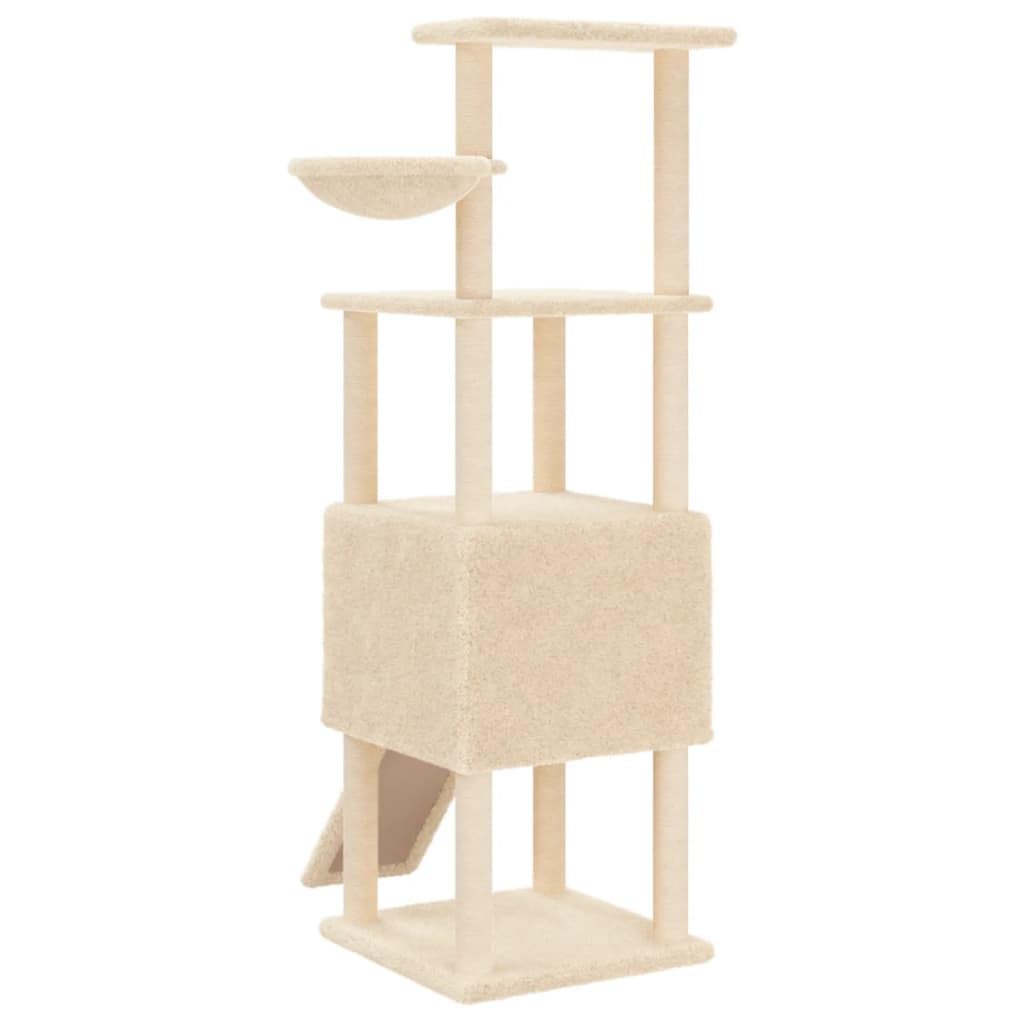 Kratzbaum Katze mit Sisal Säulen Creme 153 cm Kletterbaum Höhle Hängematte Liegemulde Plüsch Stamm Kratzbrett robust stabil platzsparend für Wohnung Balkon