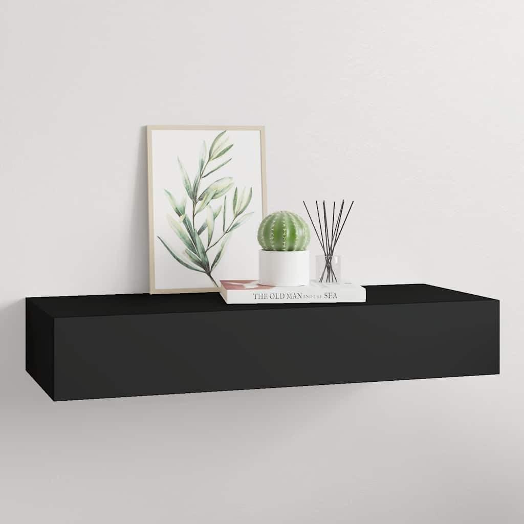 Estantería de pared con cajón, estante flotante negro de MDF y metal, moderno estante flotante para pasillo o sala de estar, 60 x 23,5 x 10 cm
