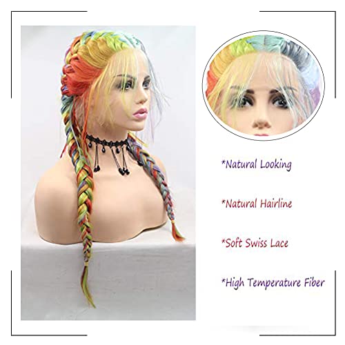 Kalisa Rainbow Braided Wig For Women Glueless Hand-Braided Lace Front Wig Synthetic Colorful Double Braids Wig Heat Resistant Fiber Braiding Hair Wig Cosplay Makeup Drag Queen (Rainbow) #TOP2