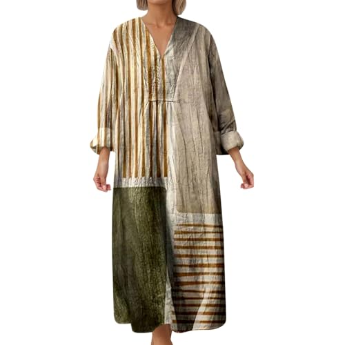 Generisch Damen Sommerkleid Lang Mit äRmel V-Ausschnitt Blumenkleid Maxikleider Sommer Casual Baumwolle Leinenkleider Vintage Blumendruck...