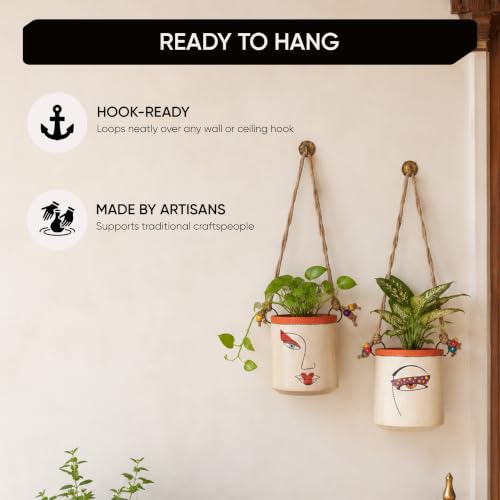 Image of AAKRITI ART CREATIONS Terracotta Handpainted Planters Set of 2 | Liza Design, Modern Art, White Matte Finish | Decorative Planters for Indoor & Outdoor Home Decor