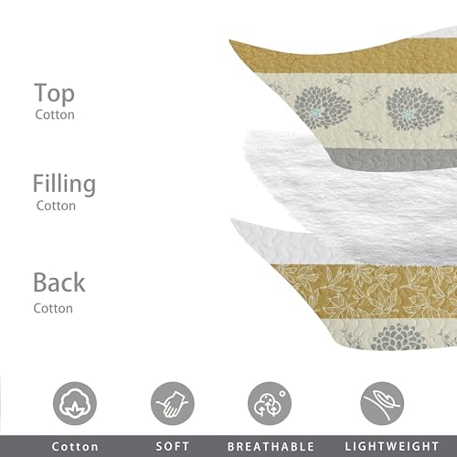 Homzard Quilt Queen Size - Queen Comforter Set,Mustard Yellow Beige Grey All Cotton Quilted Bedspread Set,Striped Floral Pattern Bedding,Lightweight Paisley 3 Piece,All Seasons