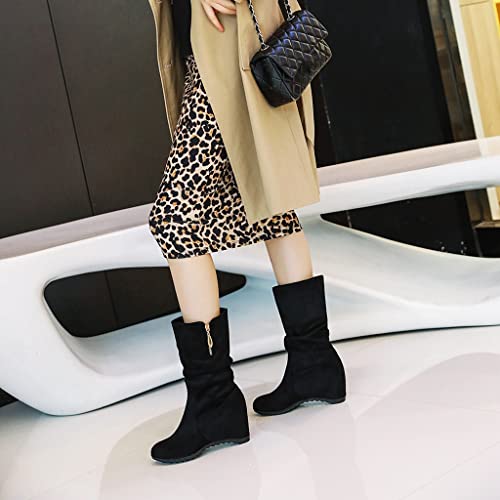 MIOKE Women's Winter Mid Calf Slouch Boots Sweet Bow Round Toe Hidden Wedge Heel Zipper Wide Calf Dress Boot4