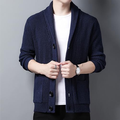 Mens Shawl Collar Cardigan Sweater Long Sleeve Button Cable Knit Men Sweaters Loose Fit Casual Ribbed Knit Cardigans (Blue,Large)2