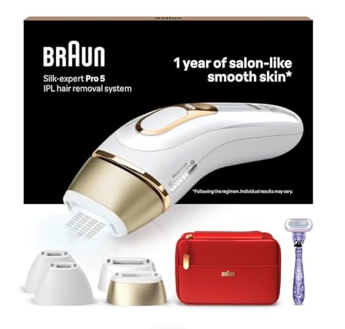 Braun IPL Silk-Expert Pro 5, IPL Hair Removal Device, Permanent Visible Hair Removal, 1 Wide & 2 Precision Heads & Venus Razor, Alternative For Laser Hair Removal, Gift For Women, PL5387, White/Gold