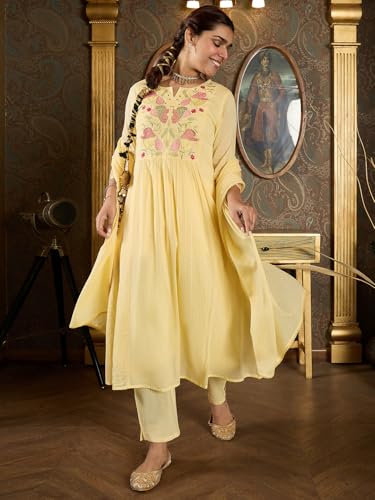 Image of INDO ERA Women's Pure Cotton Embroidered A-Line Kurta & Pant with Dupatta Set | Cotton kurta sets for women