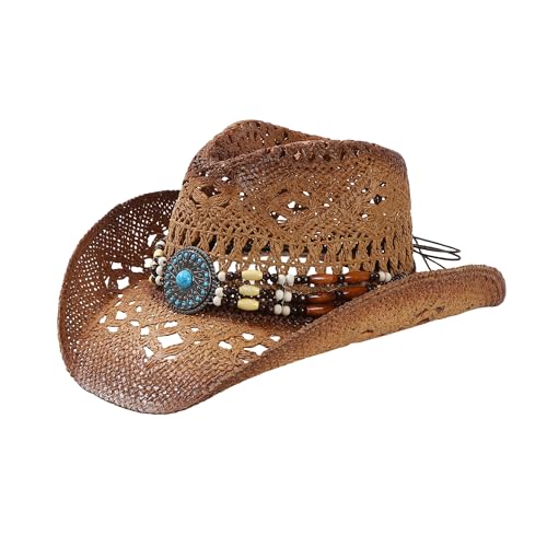 WOOH Brown Straw Cowboy Hat for Women and Men, Straw