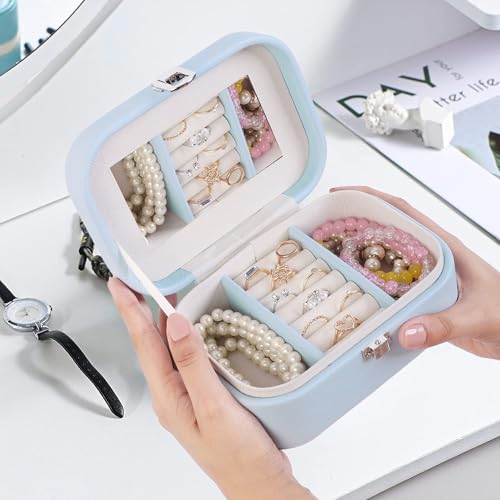 Image of BucketList PU Leather Jewellery Organizer Box with Mirror | Travel-Friendly Jewelry Storage Case with Ring Slots & Secure Lock (Travel Jewellery Box with Mirror (Blue))