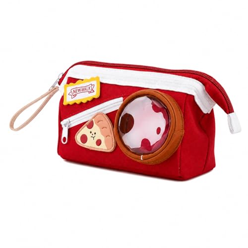 Image of Cheese Pizza Red Pencil Pouch for Girls & Boys, Large Capacity Zipper Pencil Case with Transparent Display Window & Front Pocket, Cute Food Theme Stationery Bag