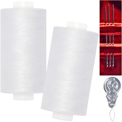 All Purpose Sewing Thread-2 Spools of Hand Polyester Sewing Thread with 3needles 1 Needle Threader for Sewing Machine for Hand and Machine Sewing(White 2 spools)