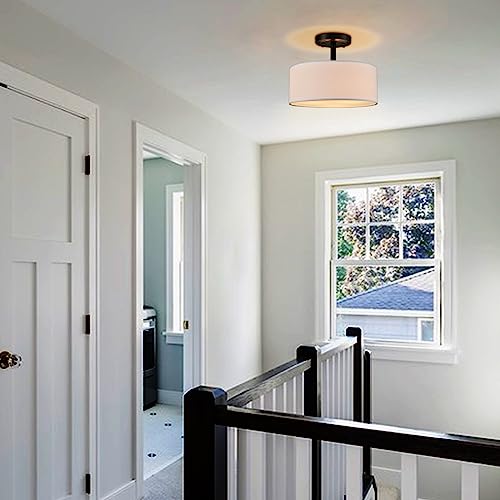 Image of Modern 3 Light Black Drum Semi Flush Mount Ceiling Light Fixture | Ceiling Mount for Hallway Bedroom Entryway Foyer Office