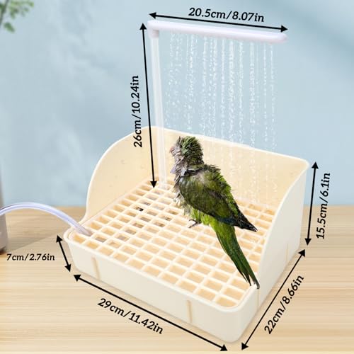 Image of Automatic Bird Bath Fountain, USB Powered Bathtub for Parrots | Chew-Proof Anti-Bite Power Cord, Running Water Faucet Showers, Beige Tub for Parakeets, Cockatiels, Conures, African Greys
