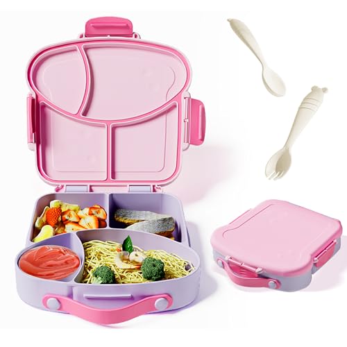 Kids Bento Lunch Box, Toast Shaped 4-Compartment 31OZ Container with Sauce Cup & Utensils (Ages 3+) Leak-Proof, Drop-Proof, Dishwasher Safe | BPA-Free Reusable Lunch Box for School, Travel | Pink