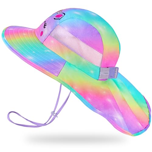 Kids Sun Hat UV Protection Unicorn Summer Beach Play Hats Wide Brim Neck Flap for Girls Boys
