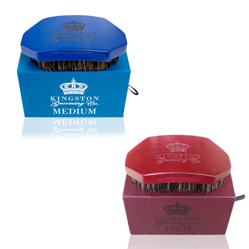 Kingston Grooming Co. Premium Boar Hair Brush Bundle- New Medium and Firm- Wave Brushes for Men- Boar Hair Brush for Men, Perfect Edge Brush and Hair Waver, 360 Waves Brush - Travel Case Included