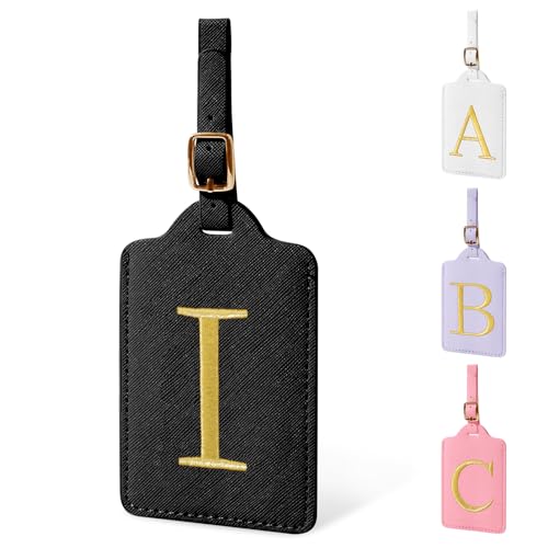 Personalized Initial Luggage Tags for Suitcase TSA Approved, Black Leather Cute Luggage Tag with Privacy Cover Name Card, Embroidered Custom Luggage Tags Travel Backpack Tags Gifts for Women Kids(I)