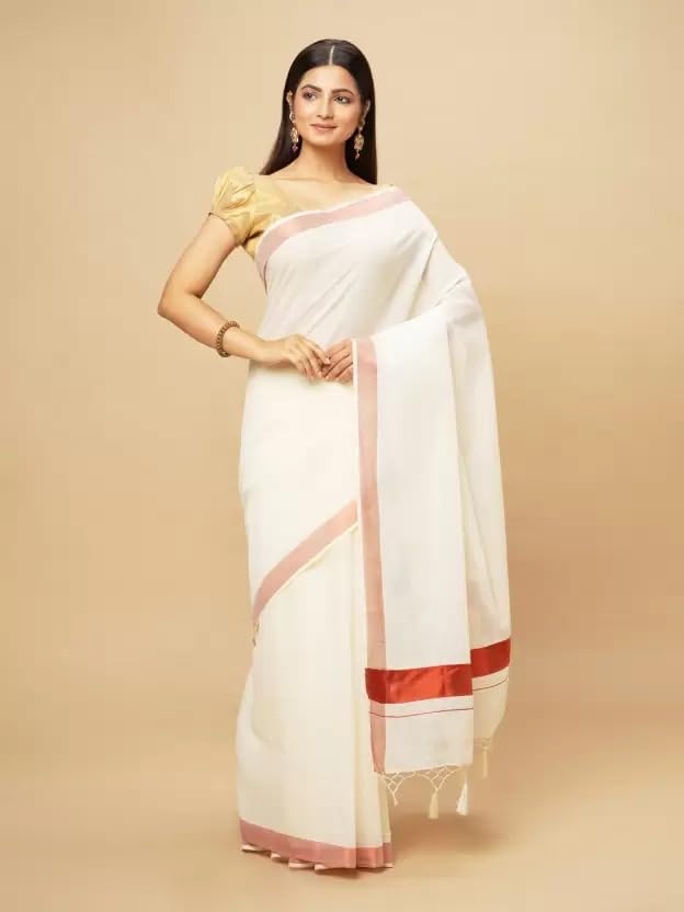 Image of Women's Kerala Off white cotton saree with running blouse| Onam Saree | Vishu Saree | Traditional White Saree
