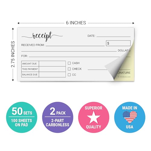 Image of 321Done Receipt Book with Carbon Copies 2-Pack - for Small Boutique Business, 2-Part Carbonless Carbon Copy Duplicate, Sales Order & Invoice Pad, 2.75x6 Pocket Size, 100 White /Yellow Sets, Made in USA