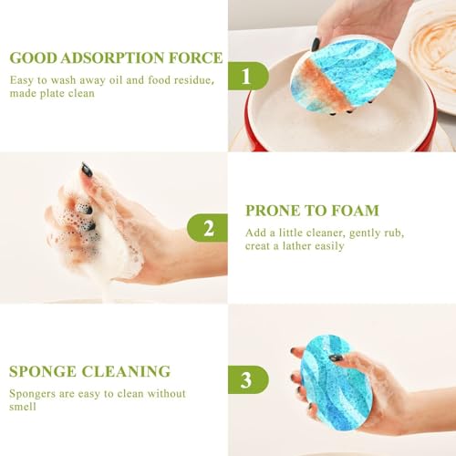 Image of Kcldeci 3 Pack Kitchen Scrub Sponges Watercolor Sea Ocean Wave Blue Teal Turquoise Colored Wave Kitchen Dish Sponge Non-Scratch Microfiber Sponge for Household Cleaning Dishes, Pots and Pans