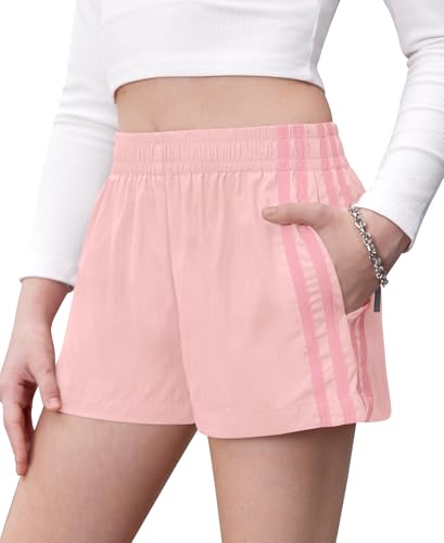 IIMMER Girls Athletic Shorts, Y2K Striped Mini Track Shorts with Contrast Webbing, Casual & Sports Wear for 6-14 Years