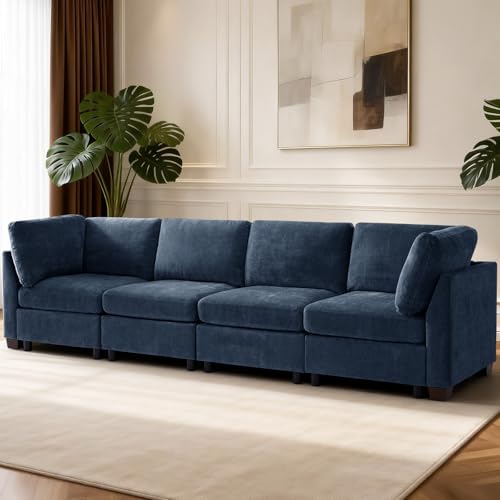 Image of TEKAMON 122 inch Modern Sofa Modular Sectional Couch, 4-Seat Chenille Deep Seat Sofa for Living Room, Bedroom and Apartment, Blue